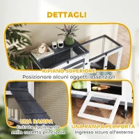 Conigliera a 2 Livelli con Rampa e 3 Vassoi, in Legno di Abete e Acciaio, 147x45x89.5 cm, Grigio e Bianco