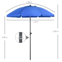 Ombrellone da Spiaggia 1.8x2 m con Reclinazione a 45° e 8 Stecche, Poliestere e Acciaio, Blu