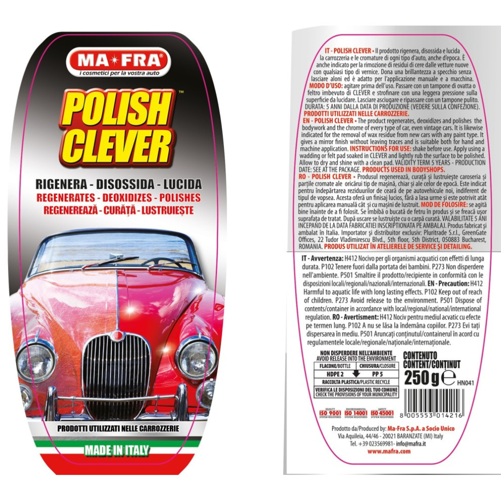 Polish clever 250 g per rigenerare disossidare e lucidare carrozzeria auto