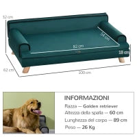 Divano per Cani Grandi con Imbottitura, Rivestimento Morbido e Lavabile, Gambe in Legno, Verde