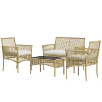 Set da Giardino in Rattan da 4 Pezzi con 2 Poltroncine, Divano e Tavolino da Caffè, Naturale e Nero