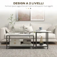 Set 2 Tavolini da Caffè a 2 Livelli in Truciolato e Acciaio con Piano d'Appoggio Effetto Marmo, Bianco e Nero