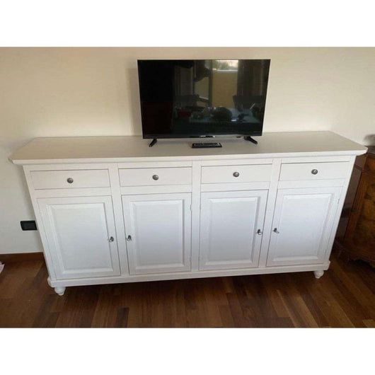 Credenza 4 ante 4 cassetti arte povera in legno massello e mdf con rifinitura in bianco 196X43X98 H
