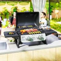 Barbecue a Gas Portatile con 2 Bruciatori e Coperchio con Termometro, Nero