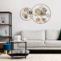 Decorazione Murale 3D in Metallo, Wall Art Dorata con Ginkgo in due Cornici Rotonde, 102x66.2cm, Oro e Argento