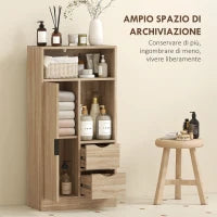 Mobile Bagno Salvaspazio Slim con 2 Cassetti, Ripiani e Armadietto, 50x25x100 cm, Legno Naturale