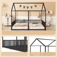 Letto per Bambini 4+ Anni Matrimoniale 90x200 cm, con Ringhiera di Sicurezza, Senza Materasso, Nero