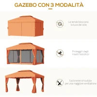 Gazebo da Giardino 4x3m con Doppio Tetto e Tende Laterali, Arancione