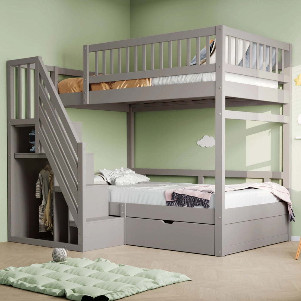 Letto a castello 90x200 cm con scala contenitore; sponde di sicurezza e cassetti in legno grigio