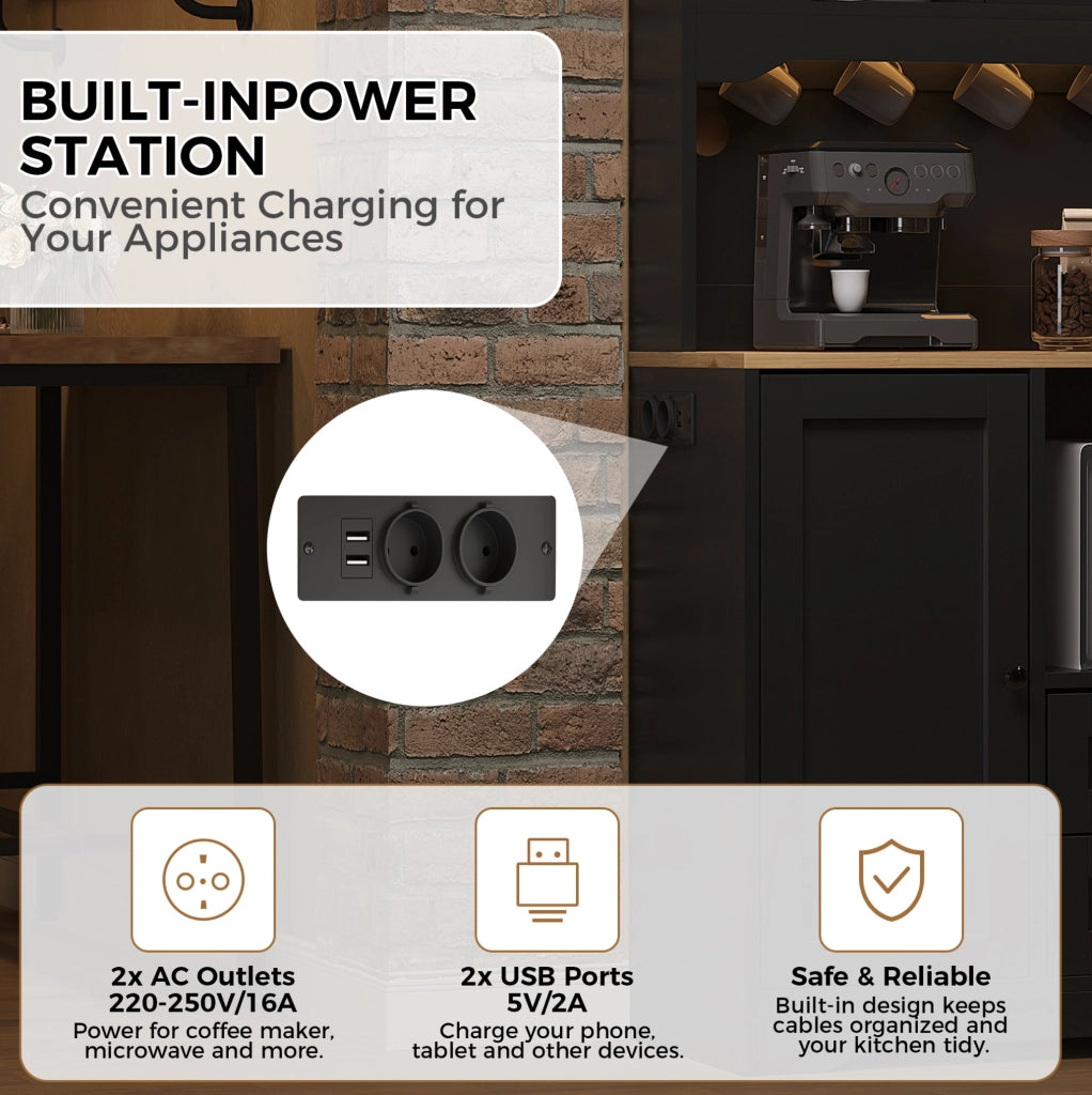 Buffet cucina multifunzionale con LED e prese; vano microonde 100x40x163 cm; nero