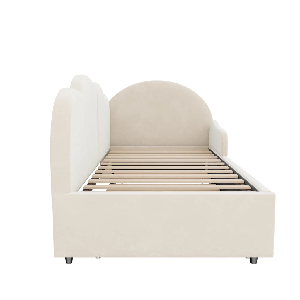 Letto imbottito a scomparsa a L con testiera a forma di nuvola in velluto beige per camera da letto e ospiti
