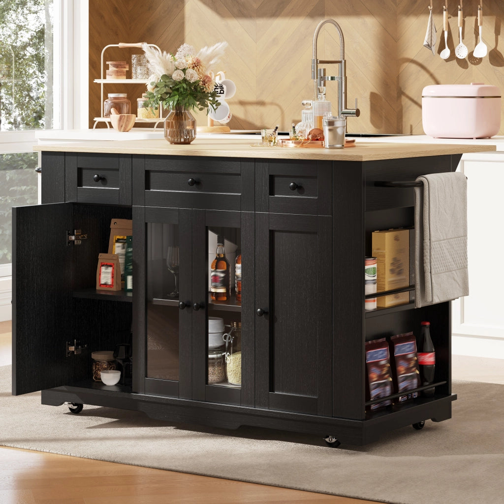 Carrello da Cucina con 1 Cassetto Piano Ribaltabile e Vani in MDF Vetro 151.5 x 60 x 91.7 cm Nero Naturale