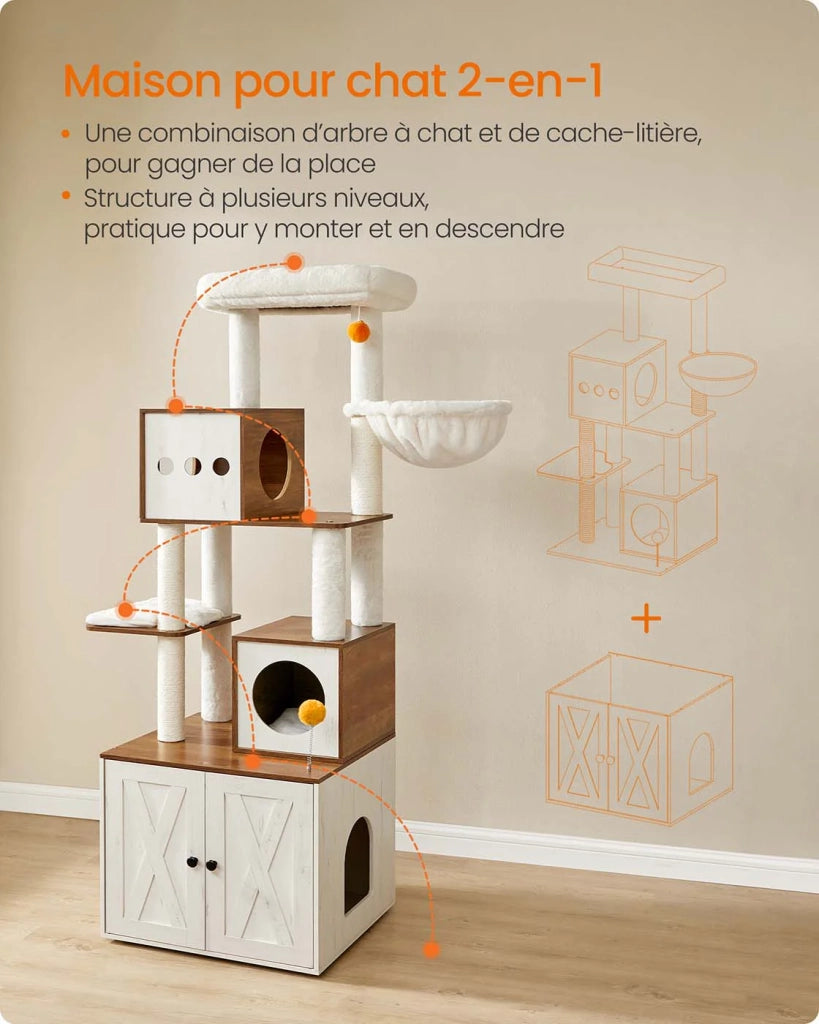 Tiragraffi moderno con copertura per lettiera torre gioco tiragraffi con lettiera 185 cm nascondiglio piattaforma tappetini lavabili beige 12_0003867