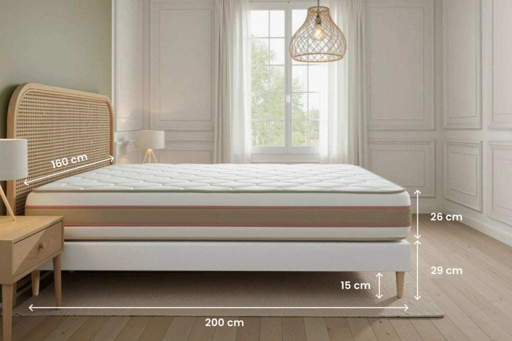 Pacchetto letto completo - Materasso 160x200cm + Box spring con doghe (kit) + 2 cuscini + Piumino - Le Délicat