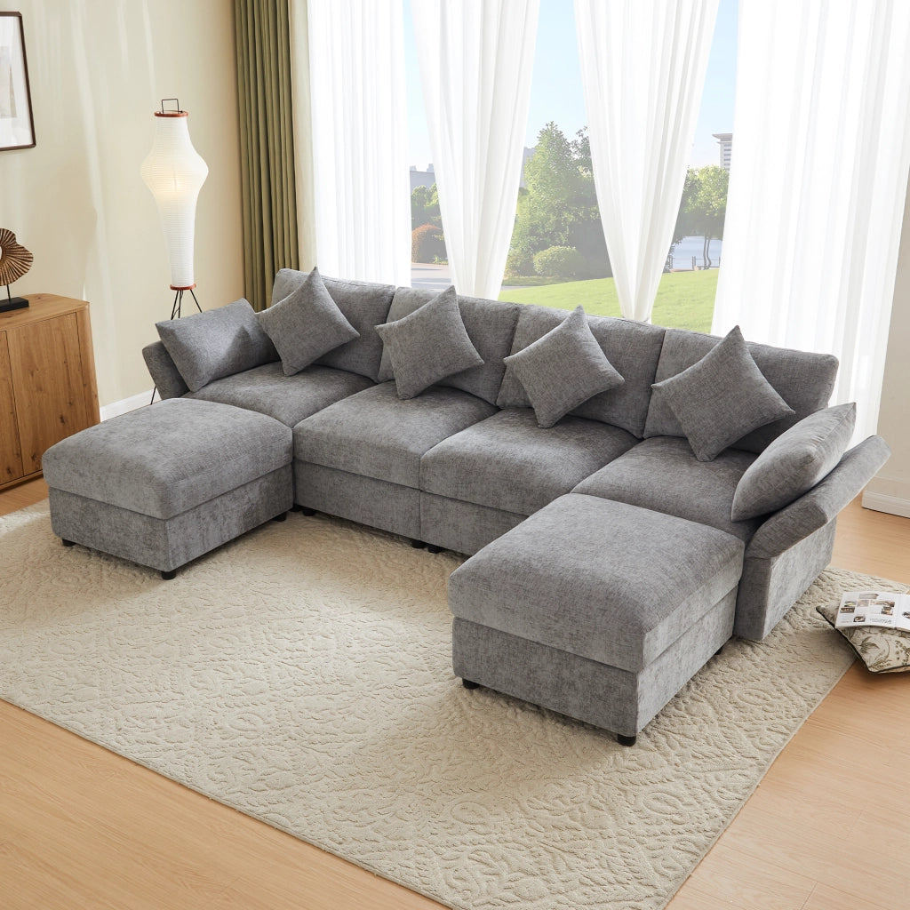 Divano modulare a L - Zephmum- Chenille, 4 cuscini decorativi, 2 poggiatesta, braccioli regolabili