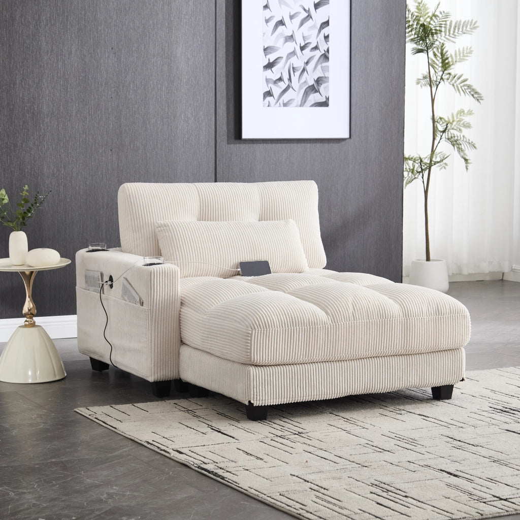 Divano modulare 2 posti in velluto a coste beige con USB e portabevande
