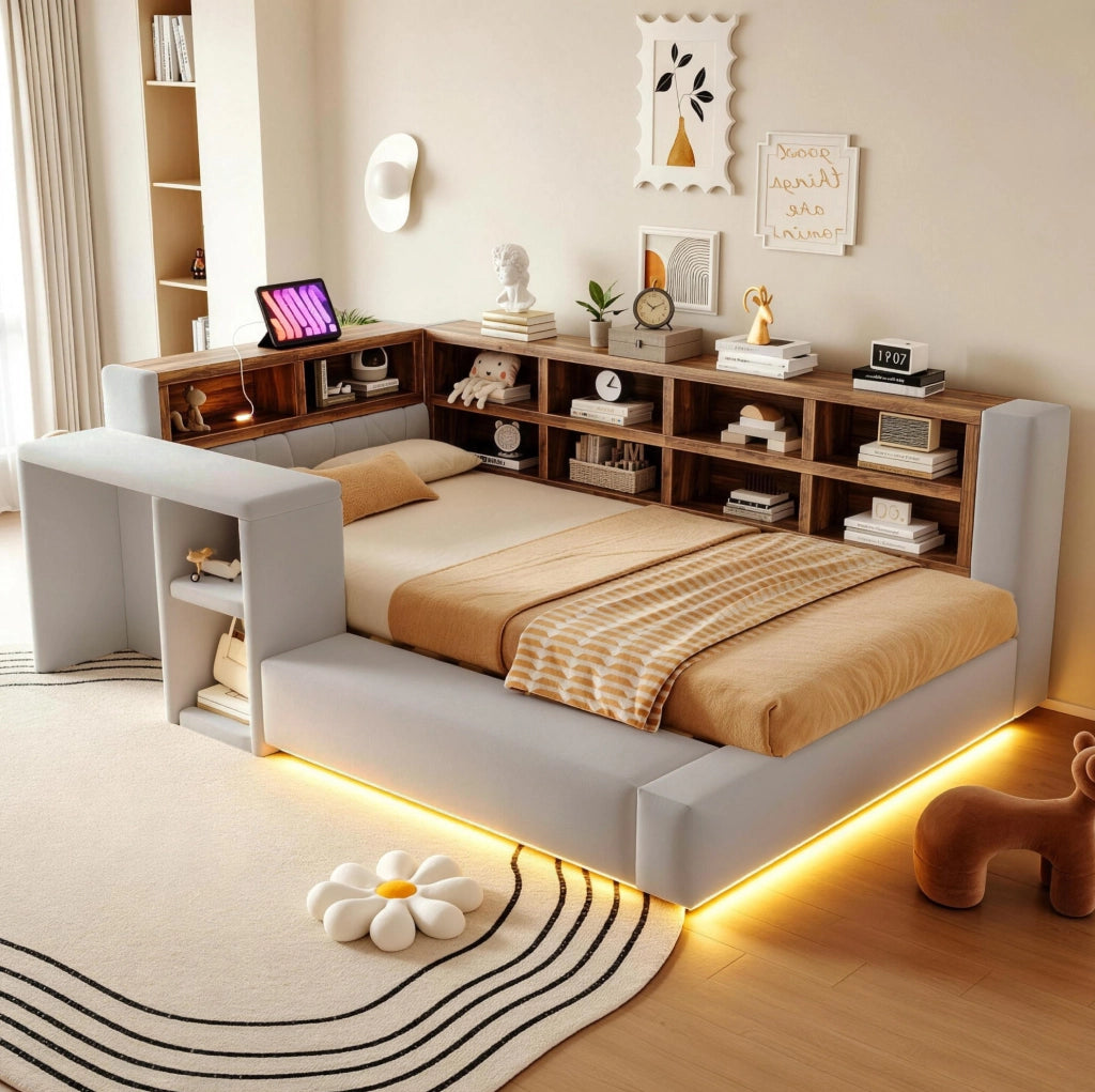 Letto imbottito 90x200 cm con LED, prese integrate e capiente testiera salvaspazio grigio chiaro