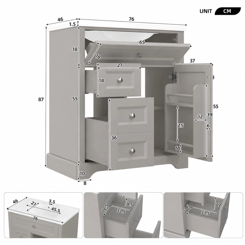 Mobile lavabo da bagno a pavimento 76x46x87 cm grigio con lavabo in ceramica, 2 cassetti, ripiano regolabile e chiusura ammortizzata