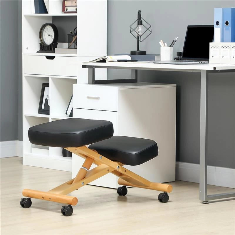 SEDIA ERGONOMICA POSTURALE CON INGINOCCHIATOIO ALTEZZA REGOLABILE E ROTELLE IN LEGNO NERO