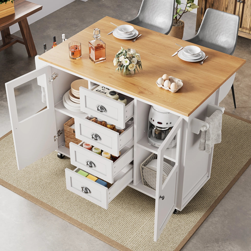 Carrello da Cucina con 4 Cassetti e 2 Ante; Piano Ribaltabile; Portaasciugamani e Portaspezie; Bianco