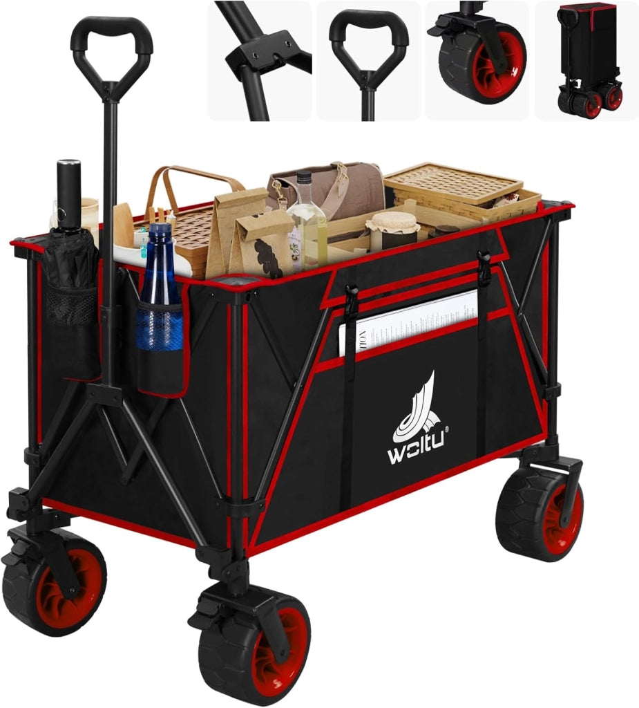 Carrello Pieghevole con Ruote da Spiaggia, Giardino, Campeggio, Viaggio, Spesa, con Borsa di Trasporto, Oxford+Acciaio, Nero+Rosso