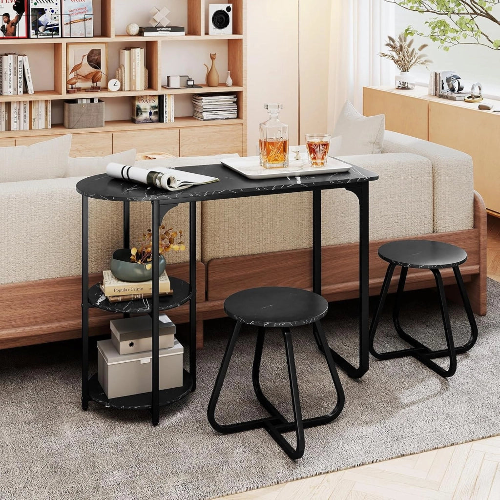 Set da Pranzo Industriale 3 Pezzi, Tavolo da Cucina in Legno con 2 Sgabelli e Ripiani Portaoggetti, Set da Pranzo Salvaspazio per Appartamenti, Cucina e Soggiorno (Nero)