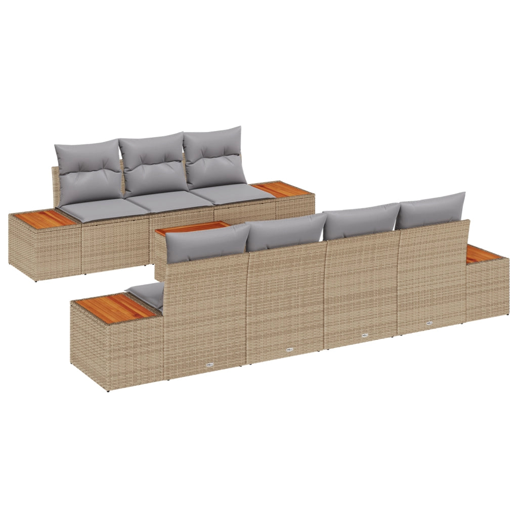 Set di Divani da Giardino 8 Pezzi con Cuscini Beige in Rattan PE e Acacia