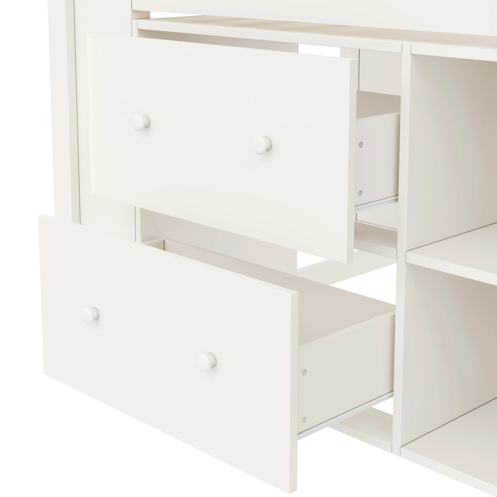 Letto rialzato per bambini 90x200 cm con cassetti; vani portaoggetti; scala contenitore e LED; bianco
