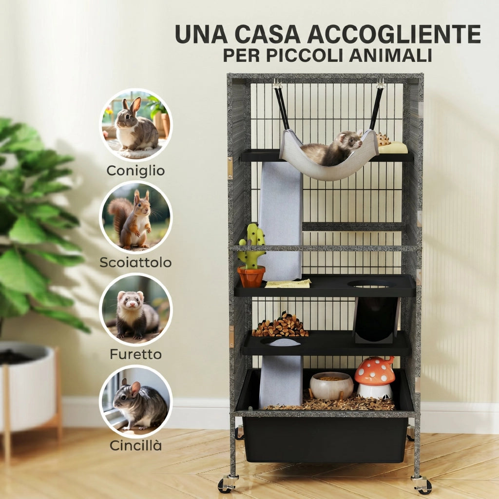 Gabbia per Piccoli Animali a 4 Livelli con Rampe, Piattaforme, Amaca e Ruote, 52x52x115 cm, Grigio