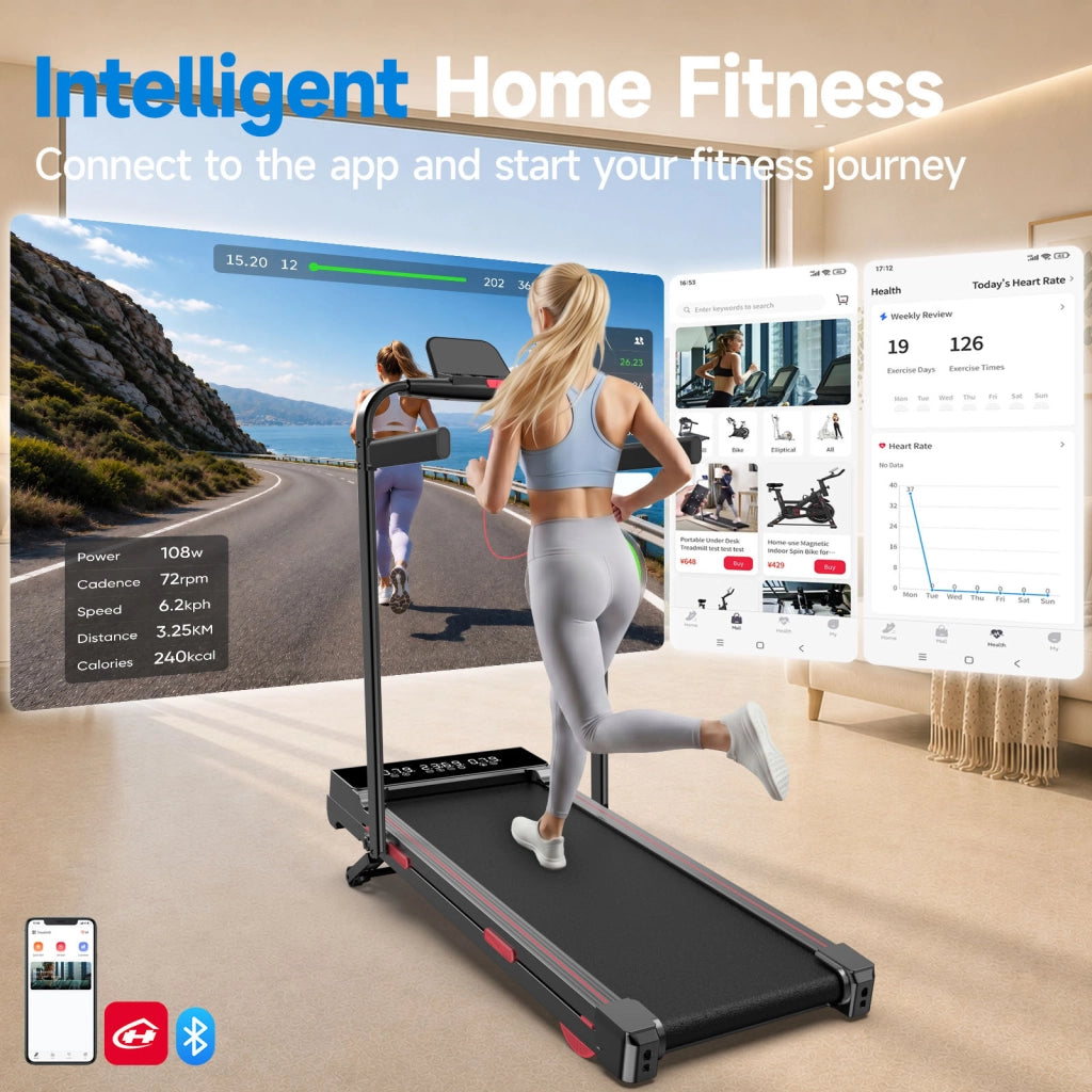 Tapis Roulant Pieghevole 2 in 1 con Corrimano e Pendenza Automatica 15%, Silenzioso  2,5CV, 1-10km/h, 150kg, Display LED, Telecomando e APP