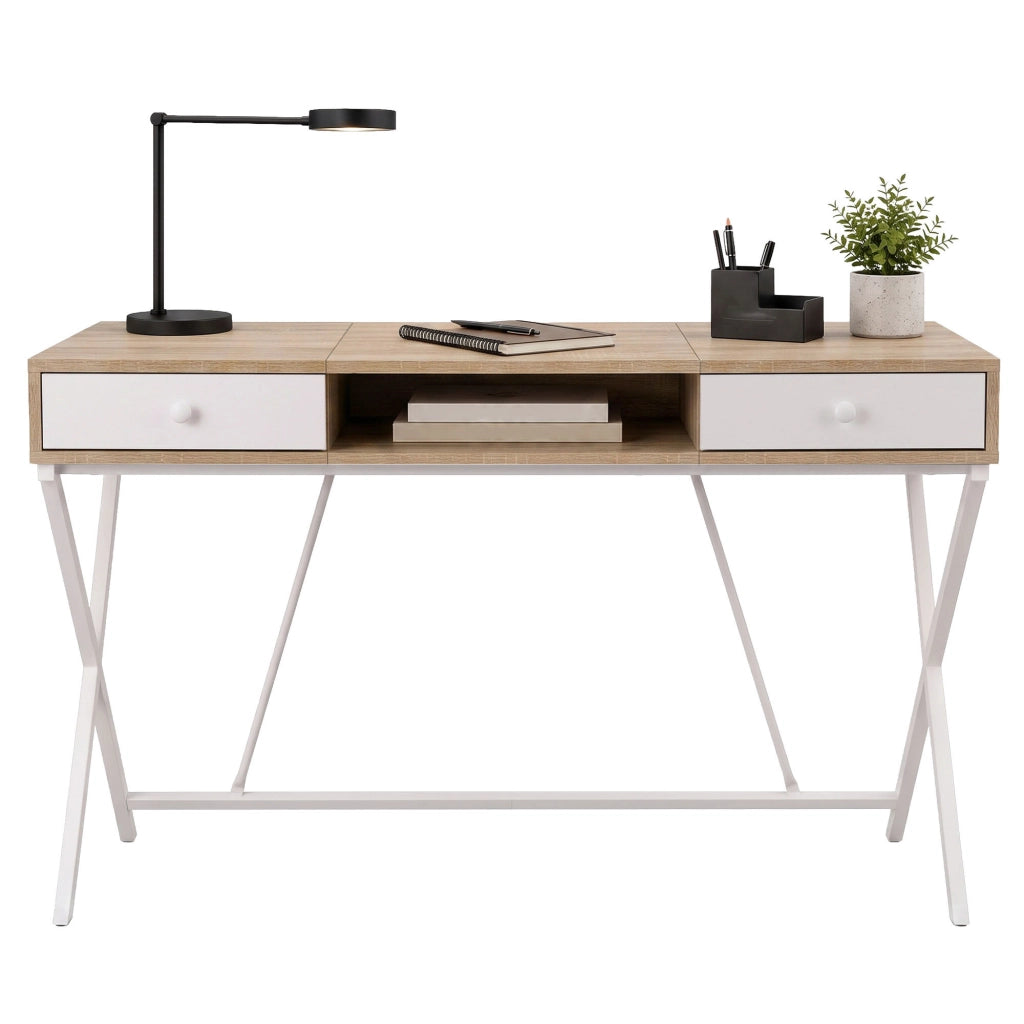 Scrivania PC industriale Rovere Sonoma CROSSLINE 120 cm 2 cassetti 1 ripiano gambe bianche