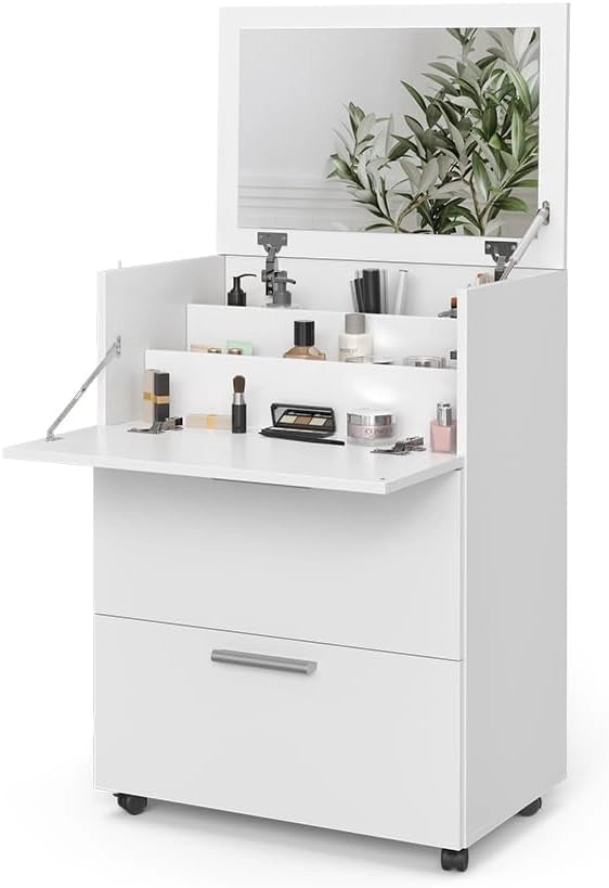 Tavolo da toeletta Hanna, Bianco, 65.8 cm con 2 cassetti, con specchio ribaltabile per l’uso come toeletta o cassettiera