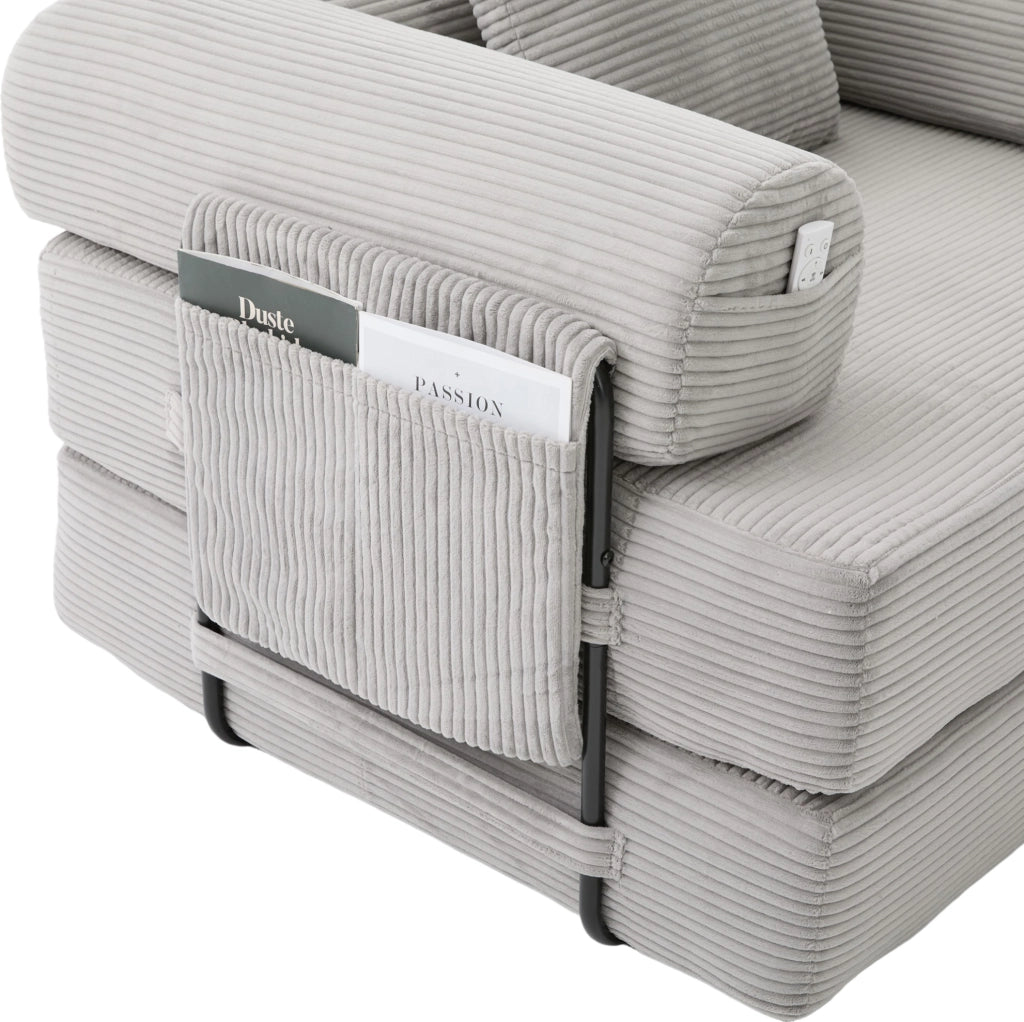 Divano modulare in velluto a coste con pouf, grigio chiaro