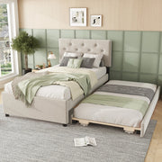 OKWISH Letto Bambino 90×200 cm, Letto Singolo con Letto Estraibile, Testiera Imbottita con Bottoni e Rivestimento Morbido, senza Materasso, Beige