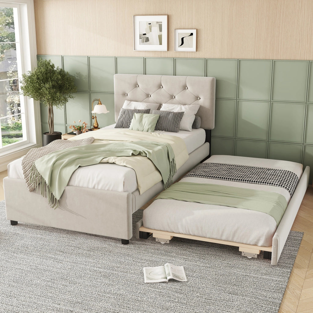 OKWISH Letto Bambino 90×200 cm, Letto Singolo con Letto Estraibile, Testiera Imbottita con Bottoni e Rivestimento Morbido, senza Materasso, Beige