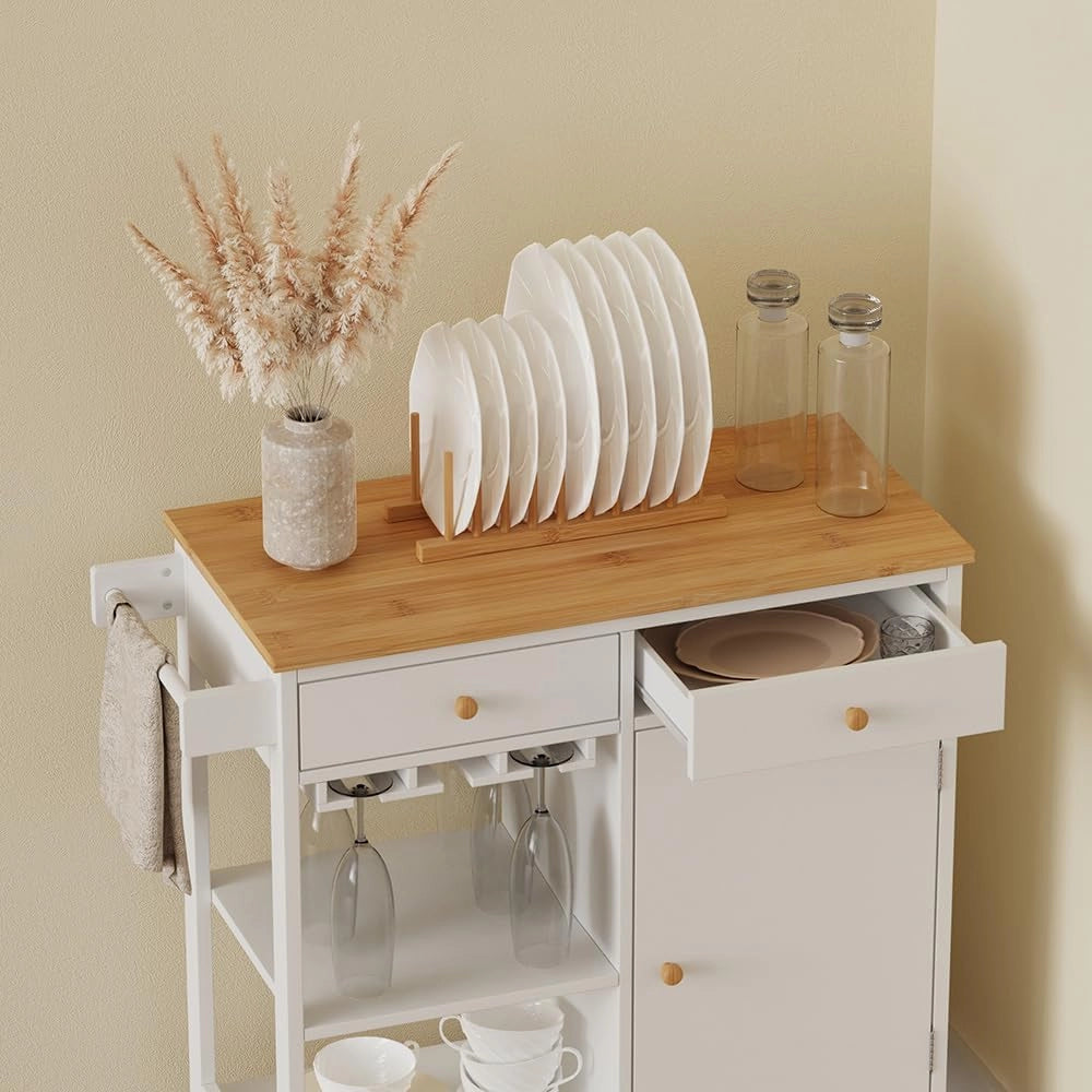 Carrello da cucina Trayz, Bianco, 89 x 87 cm con rotelle, con ripiano per bottiglie e portabicchieri per un utilizzo flessibile