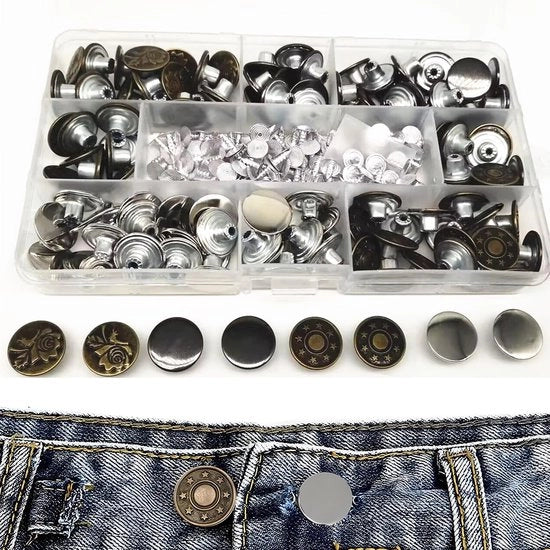Knoppi per jeans 120 pezzi - Punti di cucito senza cucitura - Knoppi regolabili - Knoppi di ricambio - Knoppi metallici per pantaloni - Diametro 17 mm