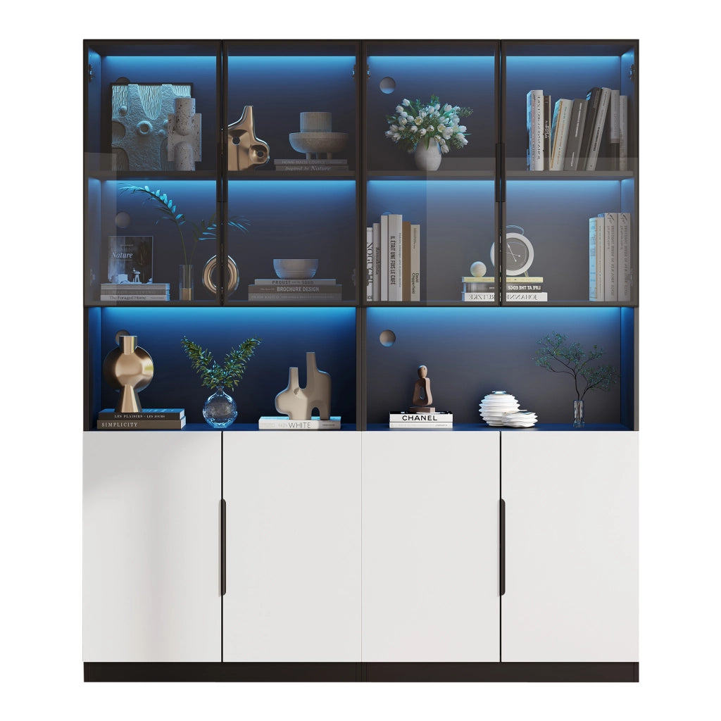 Vetrina con led e ante in vetro, vano aperto e ripiano regolabile, per soggiorno, 160 × 30 × 200 cm