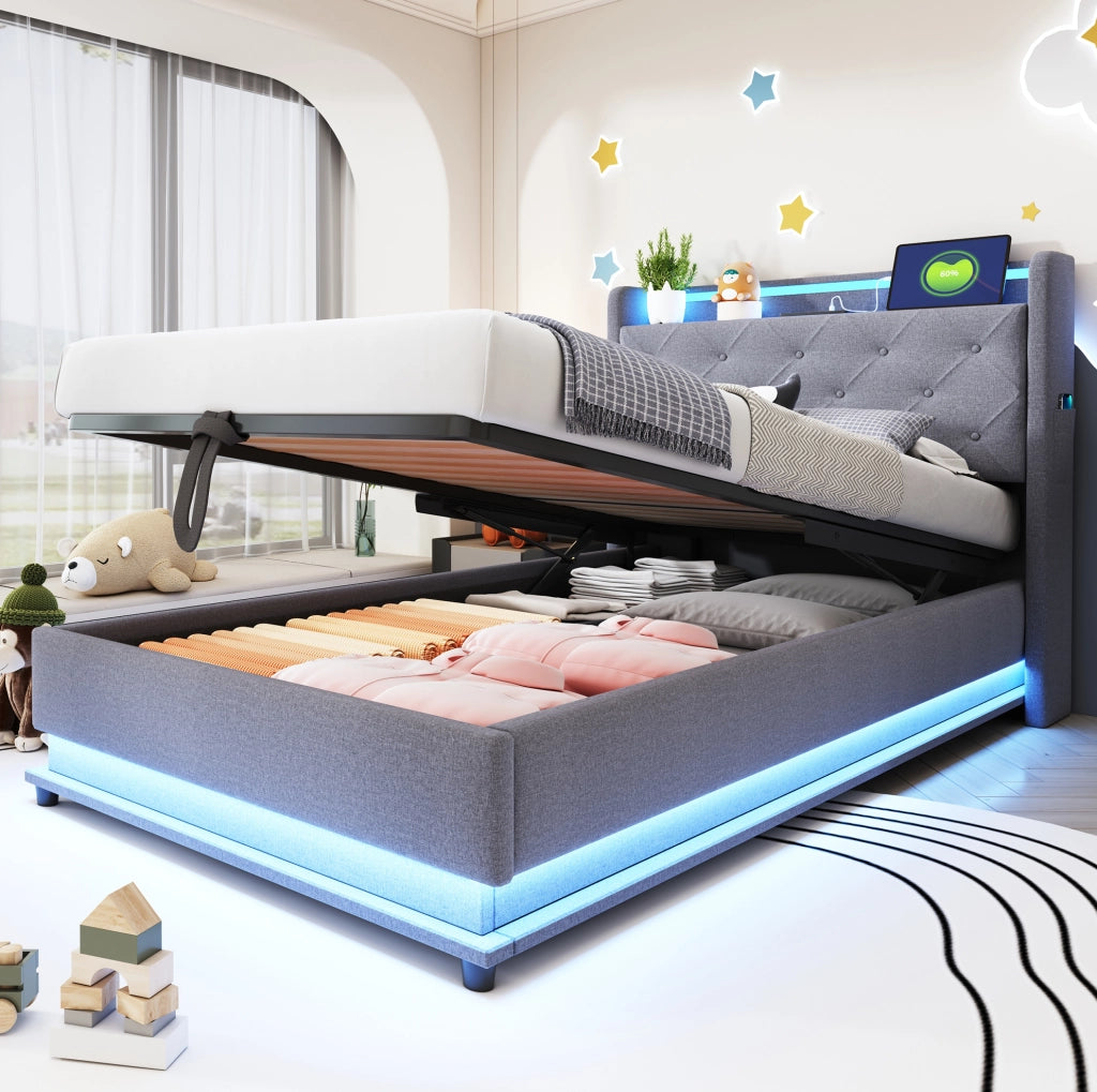 Letto imbottito singolo 90x200 cm con LED; USB e contenitore idraulico; grigio