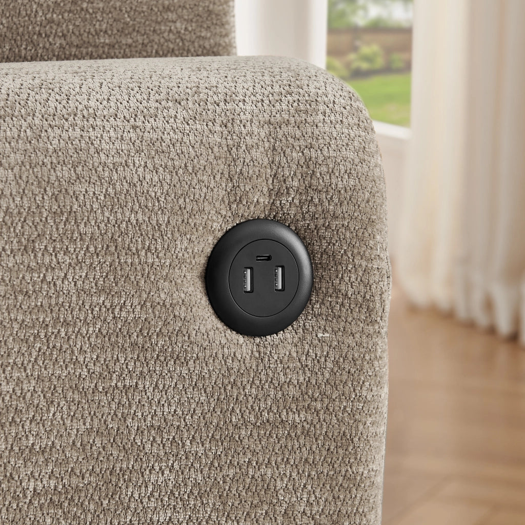 Divano 2 posti relax in chenille con USB; tasca laterale; portabevande e cuscini; marrone