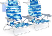Set di 2 Sedie Pieghevole da Spiaggia, Lounge Sdraio con 5 Posizioni Regolabili, Poltrona da Mare con Cuscino, Porta Asciugamano, Braccioli & Portabicchieri, Portata 150 kg (Blu)