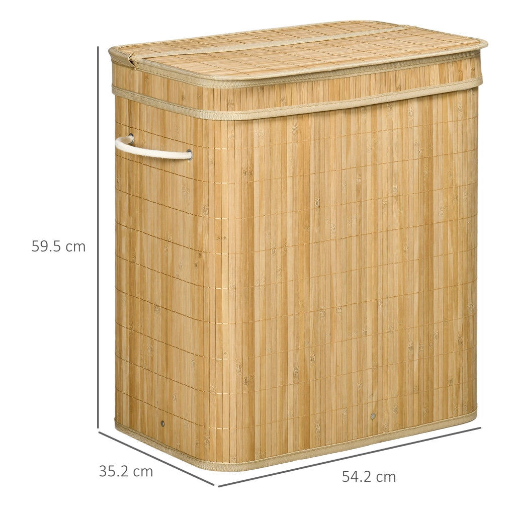 Cesto portabiancheria in bambù con coperchio, 2 scomparti e sacco interno rimovibile, 90 L, 54,2 x 35,2 x 59,5 cm