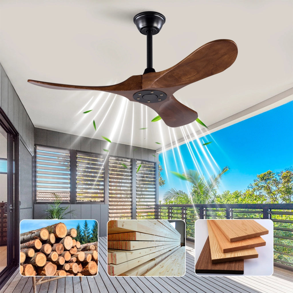Ventilatore da soffitto con motore DC; telecomando e finitura nero e noce scuro
