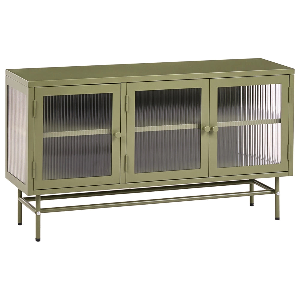 Credenza a 3 ante in metallo verde e vetro con ripiani 115 x 35