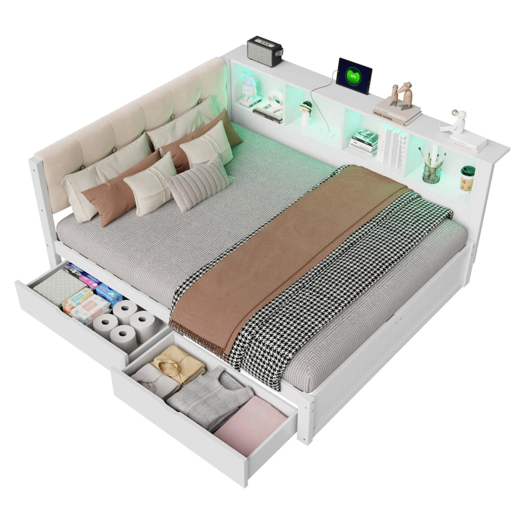 Daybed 140x200 cm con cassetti; ripiano integrato; USB e LED; in legno di pino e MDF; bianco
