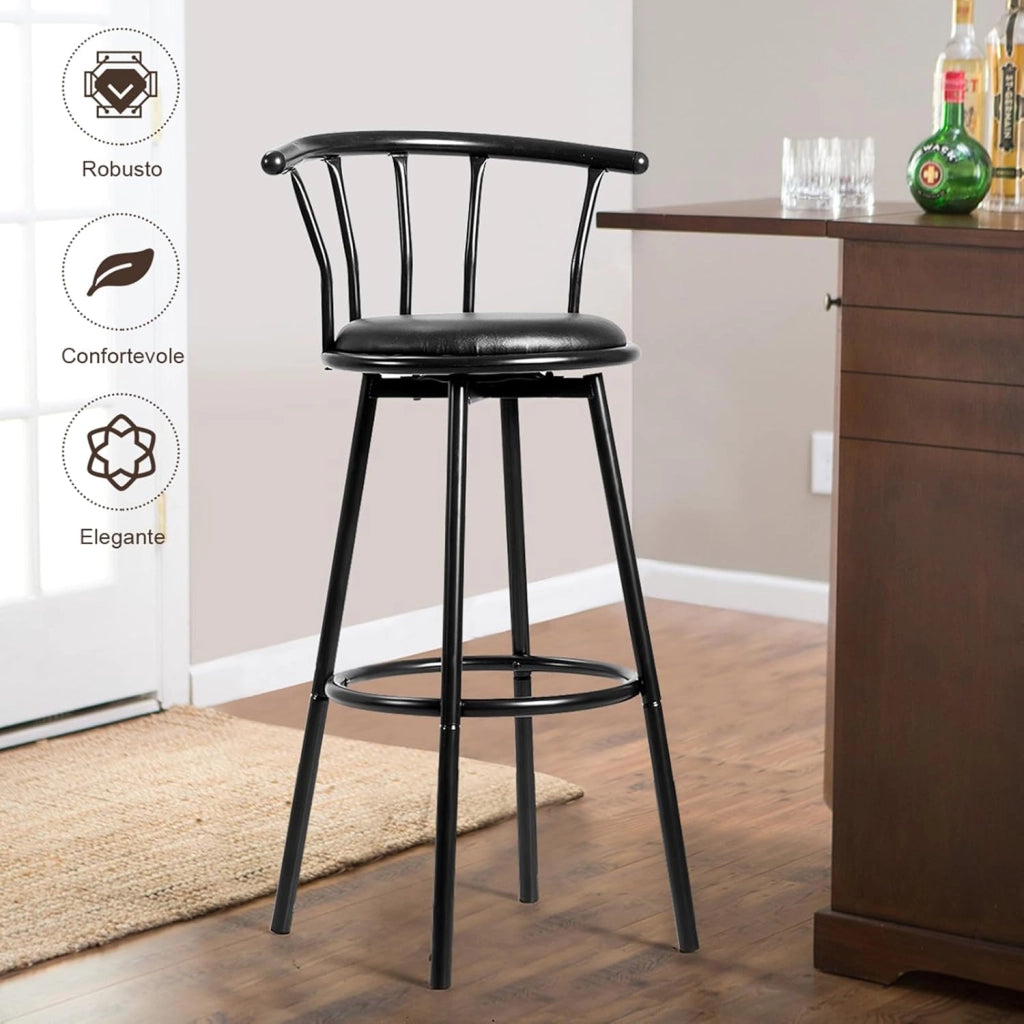 Sgabello Alto, Girevole a 360°, Set di 2 Sedie da Bar con schienale e poggiapiedi, 101,5 x 56 x 55 cm, Portata Massima 150 kg (Nero)
