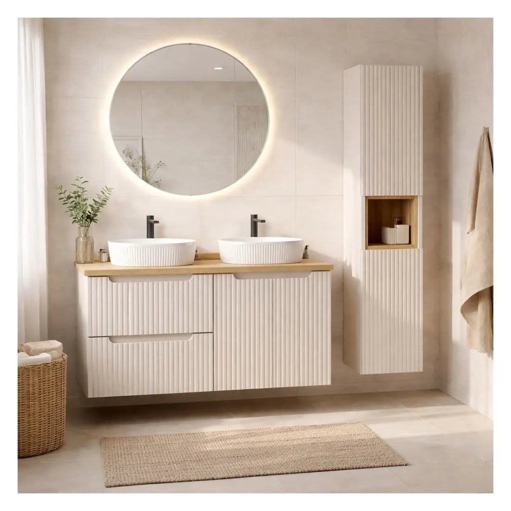 Insieme VANO cachemire e quercia 150cm: mobili sotto lavabo con cassetti e armadietti + lavabi da appoggio bianchi scanalati + colonna