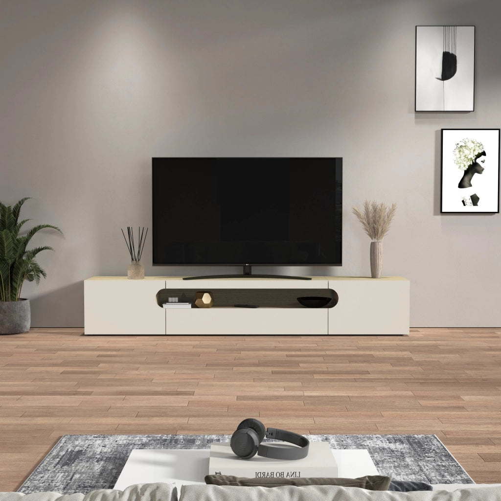 WHOUS Mobile porta TV Real con 2 ante laterali 1 ribalta e 1 vano aperto cashmere e rovere chiaro 240x40x40 cm