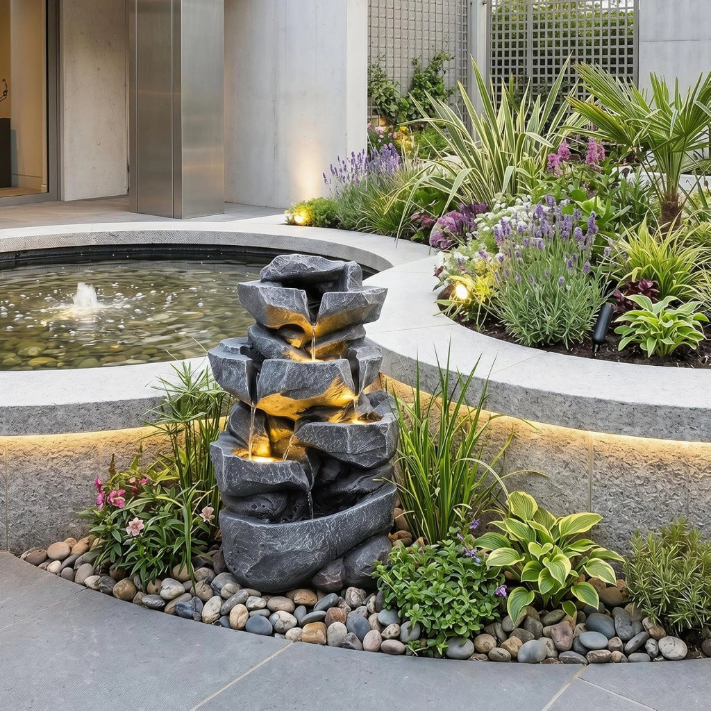 Fontana da Giardino a 5 Livelli, Fontana Cascata da Esterno con Luci e Flusso d'Acqua Regolabile, Fontanella Elettrica a Forma di Roccia con Effetto di Pietra da Terrazza e Balcone