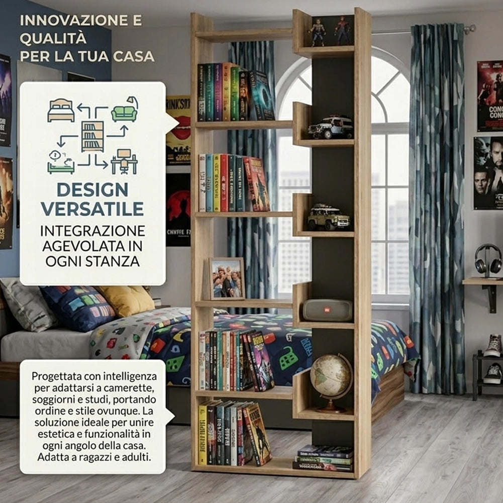 Libreria a 6 Ripiani 60,5x22x162,5 cm Scaffalatura Verticale Moderna Quercia e Antracite